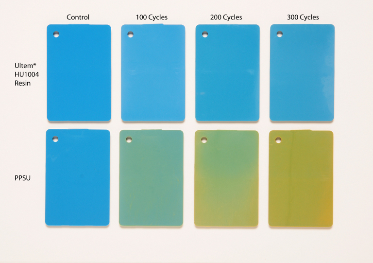 STERRAD NX処理のサイクルを100回、200回、300回と増やした場合の色ズレ比較。下列のPPSUが100サイクル時点で早くも黄変を示しているのに対し、上列のUltem HU1004の色ズレはほぼ皆無。